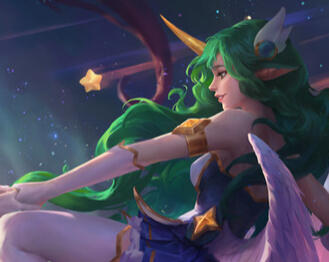 official art from legends of runeterra, showing star guardian soraka clasping someone's hand. she is smiling and facing left with a starry background.